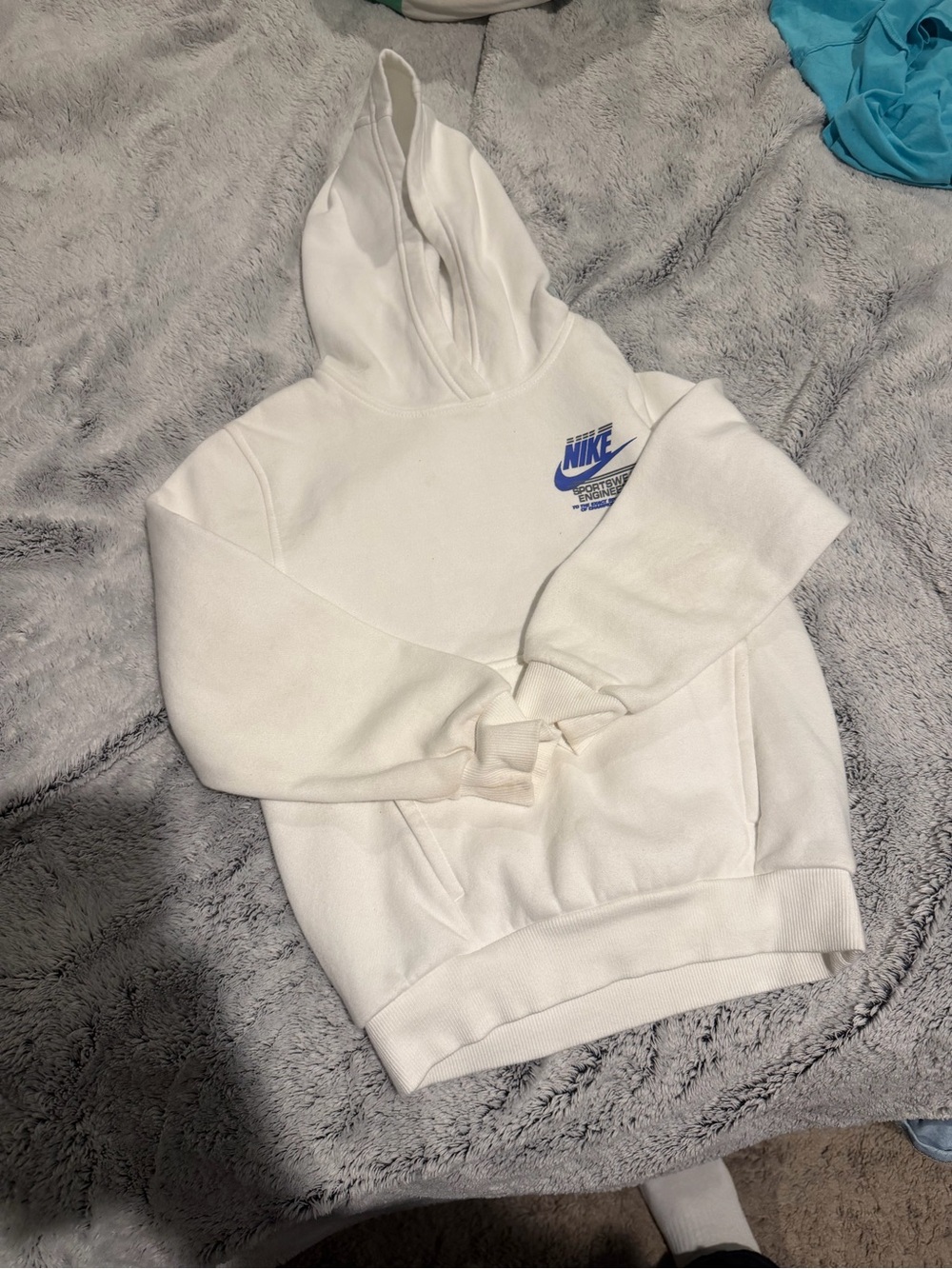 Nike Kids White Hoodie with Blue Logo Accent